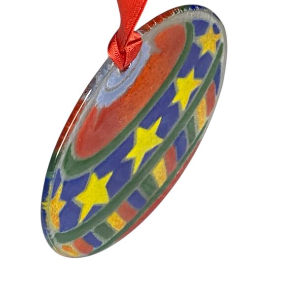 Peggy Karr Christmas Ornament Ball Stars Bars Fused Glass Holiday - Picture 10 of 12